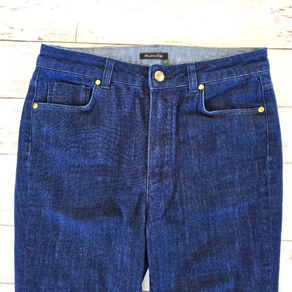 Massimo Dutti Dark Denim Blue Jeans Lightweight Semi Flare Mid Rise Fray Bottoms - Picture 4 of 8